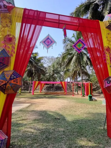 The full entrance arch for the GIVA Holi event, showing how we welcome guests into a vibrant and celebratory space.