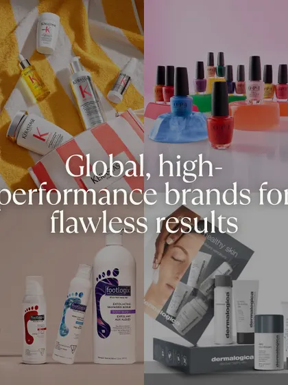 A collage of the global, high-performance brands we use for flawless results, including Kérastase, OPI, Footlogix, and Dermalogica.