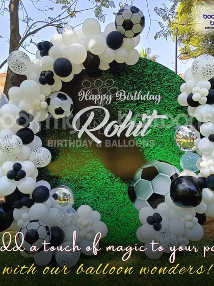 This football themed birthday for Rohit shows how we add a touch of magic to any party with our balloon wonders. The black and white balloon arch with soccer ball accents is perfect for a sports fan.
