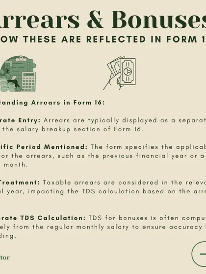Arrears and bonuses have specific tax treatments. This image shows how they are displayed as separate entries in Form 16, with TDS often calculated separately to ensure accuracy.