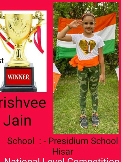 A first-place trophy winner from our patriotic-themed competition. She is proudly saluting in her themed outfit, showing great spirit.