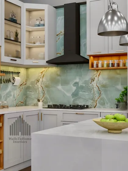 A luxurious kitchen render featuring a grey and green color scheme, a marble-finish island, and stylish pendant lights. The design includes open wicker basket storage for a rustic touch.