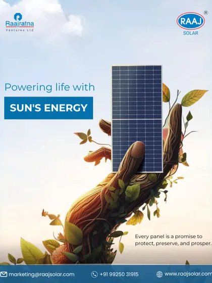 We are powering life with the sun's energy. In this visual, a hand made of wood and leaves holds a solar panel, symbolizing our promise to protect, preserve, and prosper in harmony with nature.