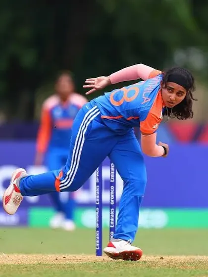 In action for India. Here is our student, Mithila Vinod, during a crucial bowling spell in the U-19 Asia Cup.