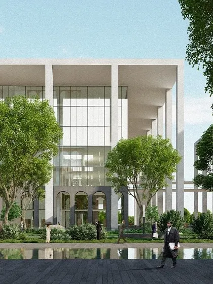 This rendering of the Telangana High Court emphasizes the connection between the building and the landscape. The foreground deck and water feature create a serene public space, while the transparent ground floor invites the public in, reflecting the values of democracy and justice.