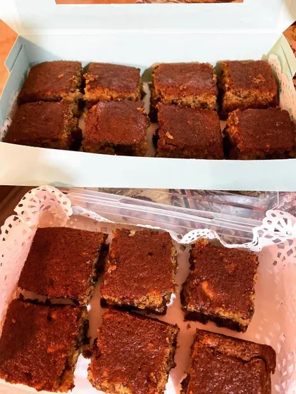 Boxes of my moist and delicious Date & Walnut cake, all packed up and ready for delivery.