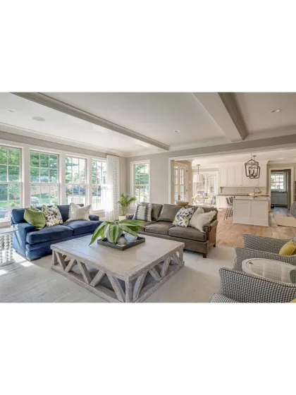 This transitional living room design combines classic comfort with modern touches. The large windows flood the space with light, while the blue and grey sofas provide ample, stylish seating.