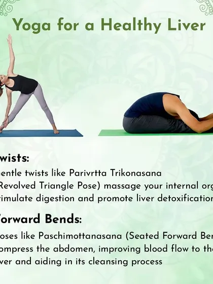 Gentle twists like Revolved Triangle Pose and forward bends like Seated Forward Bend are excellent for liver health. They massage internal organs and promote detoxification.