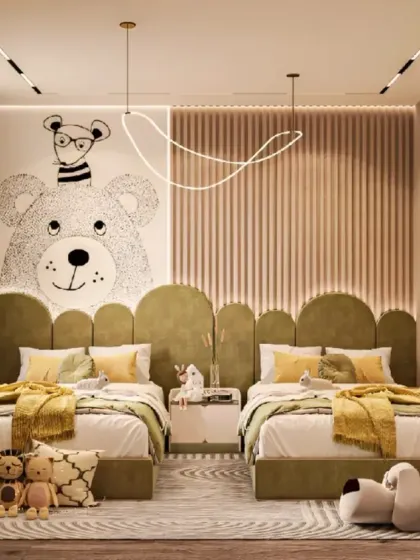 We designed this charming bedroom for twins, featuring matching beds with unique, cloud-shaped headboards. The adorable bear wall mural and soft, neutral color palette create a sweet and calming atmosphere.