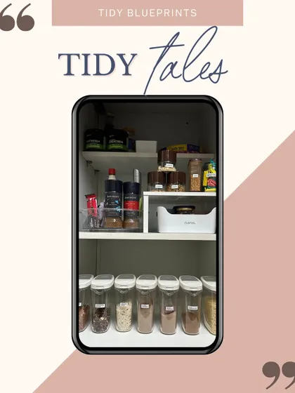 This is a snapshot from a kitchen we revamped. The client was thrilled with how everything was decluttered and arranged. Clear, labeled containers for staples are a key part of the system.