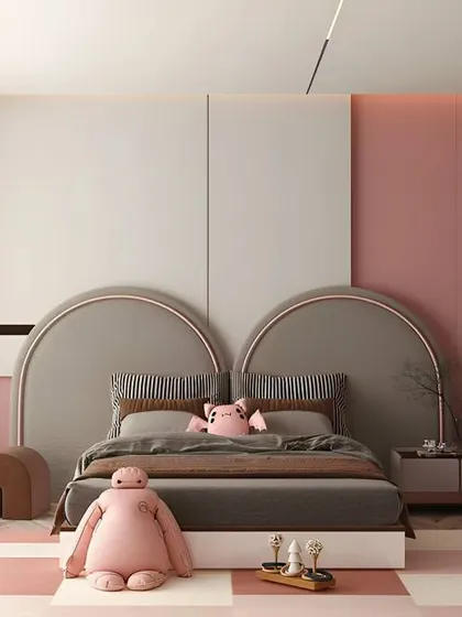 A modern and minimalist kids' room in pink and grey. The design features clean lines, arched headboards, and a dedicated study corner, creating a stylish and organized space.