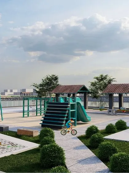 The proposed children's play area includes modern play equipment alongside traditional ground games, creating a space for both active play and cultural learning.