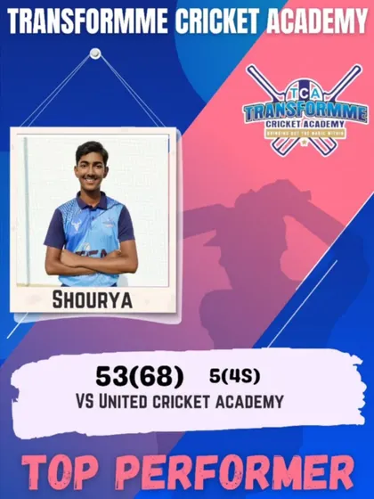 Shourya's fifty against United Cricket Academy, showcasing his consistent batting.