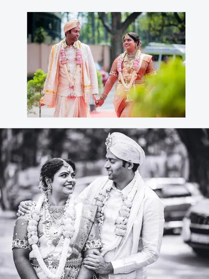 A collage showing a couple's walk after their ceremony, captured in both vibrant color and timeless black and white.