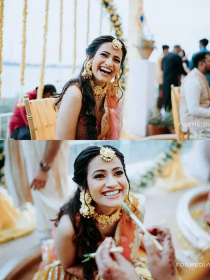 A collage of the bride's joyful expressions during her Haldi ceremony, from laughter to smiles.