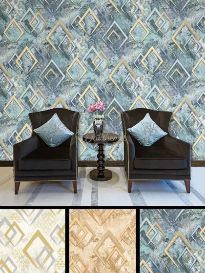 A collage showing abstract geometric wallpapers in different colors and used in a modern living room.