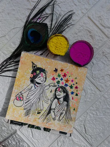 A beautiful painting of Radha and Krishna playing Holi with flowers, capturing their divine love.