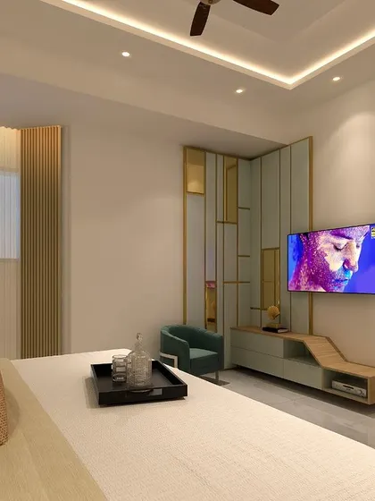 A 3D render showcasing a bedroom with mint green, brown, and gold tones. The mirrored panels and pendant lights add a touch of glamour.