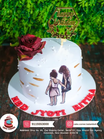 A beautiful cake celebrating sisterhood or friendship. The edible print of two girls holding hands, along with a fresh rose, makes it a heartfelt gift.