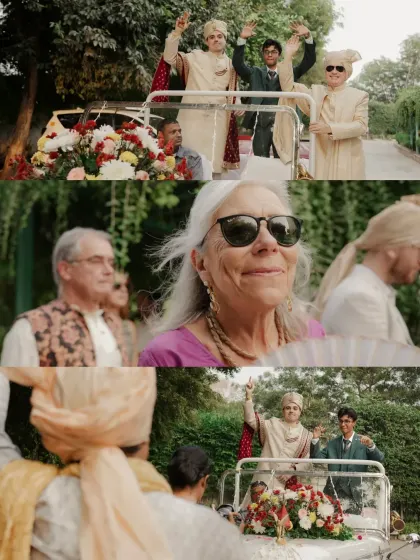 A collage showing the joy of the Baraat, with family members of all ages dancing and celebrating the groom's arrival.