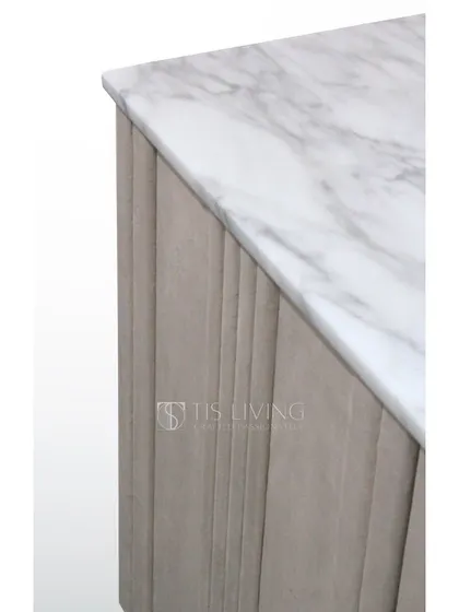 A detail of our graceful credenza, showing the fluted doors, marble top, and elegant metal base. It's an exquisite blend of style and functionality.