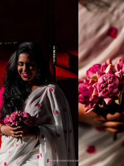 A collage from a pre-wedding shoot, capturing the bride's joyful expression as she holds a bouquet of lotuses. The play of light and shadow is beautiful.