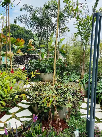 We integrate hardscape elements like modern light fixtures and pathways seamlessly into our plant designs. This ensures the terrace garden is not only beautiful during the day but also safe and atmospheric at night.