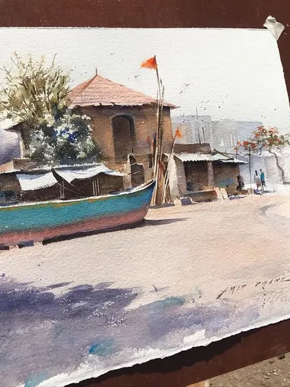 A demonstration piece from a workshop in Porbandar, Gujarat. This painting captures a boat resting on the beach, a common sight in the coastal town.