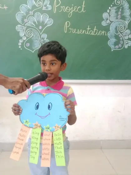 Learning phonics becomes fun with creative aids. This student is presenting his project on digraphs like 'ph' and 'th'.