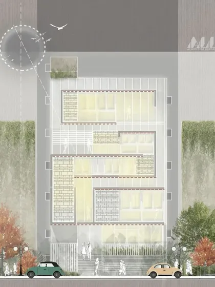 This is a final variation of the night-time rendering for the SCC complex. It provides another perspective on how the building's internal life is expressed on its external facade through carefully considered lighting.