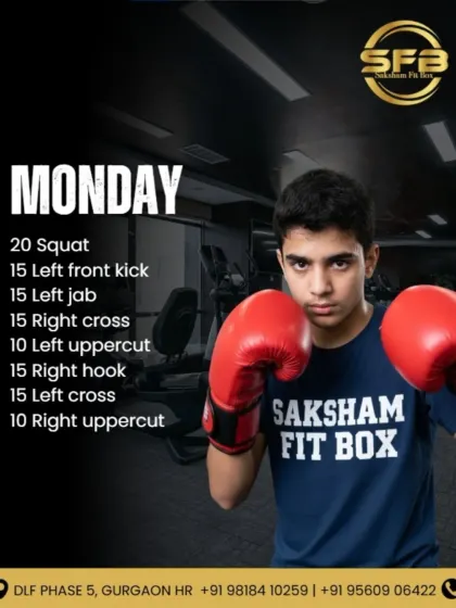 Here is your workout plan for Monday. This graphic lays out a specific routine of squats, kicks, and punches to start the week strong and build a foundation for the days ahead.