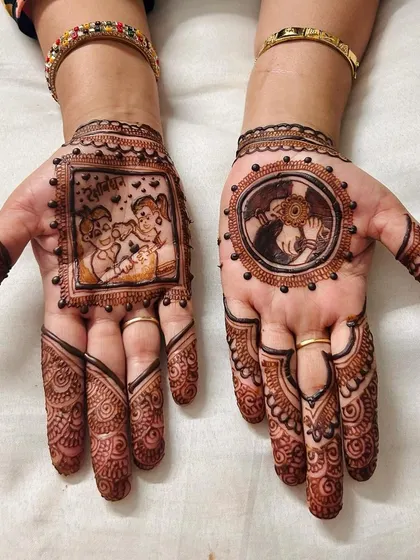 Mehndi that celebrates the special bond between siblings. This custom Rakhi design features a charming cartoon portrait of a brother and sister, making the occasion even more memorable.