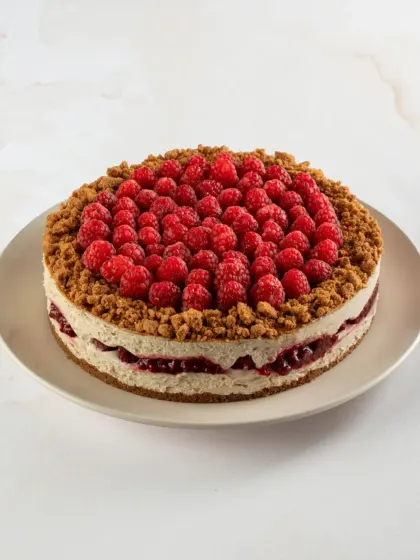 This is my personal favourite, the Raspberry Biscoff Cheesecake. The combination of tart raspberries, creamy cheesecake, and crunchy, spiced Biscoff is just perfect.