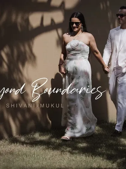 A stylish pre-wedding portrait with graphic text, perfect for a 'save the date' announcement.