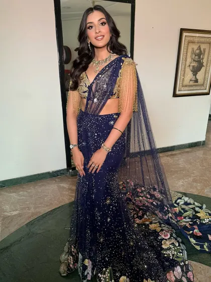 Under the starry night sky, Mehak shines brighter than ever. Her dreamy blue ensemble is a celestial dream, and I created sparkling eyes and glowing skin to match the magic.