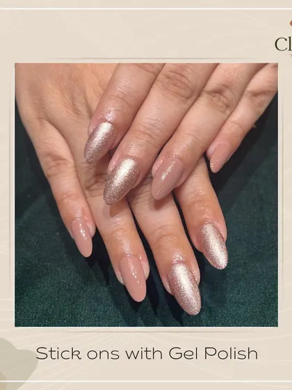 A classic set of stick-on nails with a nude gel polish will never go out of style. This is a quick and beautiful way to get instant length and a flawless finish.