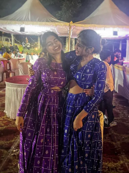 A beautiful duo looking gorgeous in our bandhini dress sets. It’s so fun to see friends coordinate in our outfits for a wedding celebration.