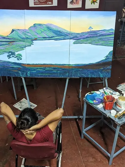 A quiet moment with the completed three-panel landscape in my studio. This shows the full scope of the 3x4 feet artwork, ready to bring a piece of namma Chikmagalur into a client's home.