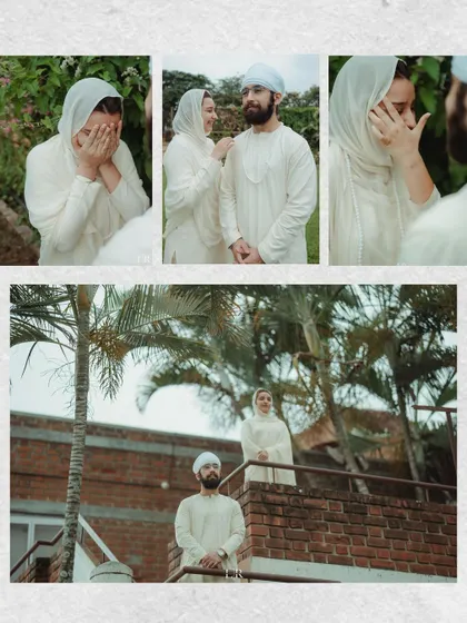 A collage capturing the emotional moments of a first look between a bride and groom.