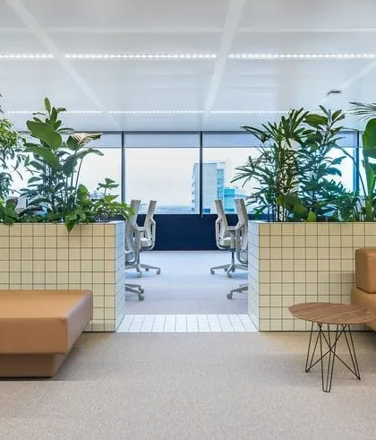 We can transform a standard office into a vibrant and healthy workspace. Here, we integrated lush greenery into custom tiled planters, using plants as natural dividers to create a calmer, more productive atmosphere for the team.