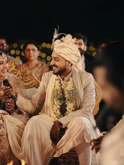 A real wedding moment from a client who rented their beautiful pastel wedding outfits from my store for their musical pheras in Mussoorie.