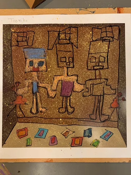 A completed artwork with three figures, demonstrating the child's understanding of Picasso's abstract style.