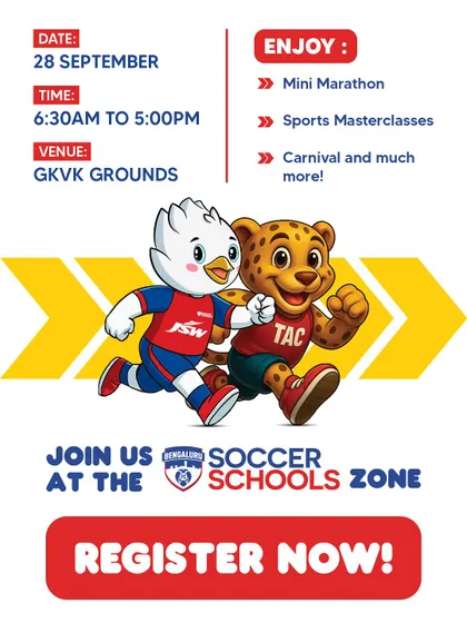 Join us at the GKVK Grounds for the TAC Mini Marathon. Enjoy sports masterclasses, a carnival, and much more at our special BFC Soccer Schools Zone.