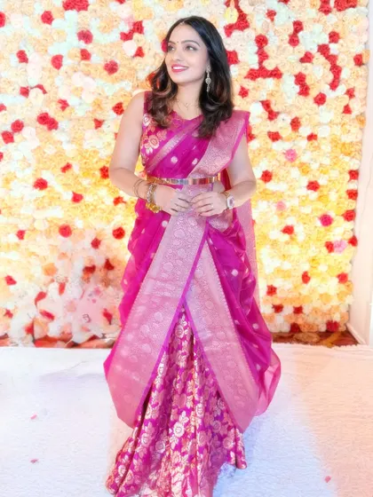 The final look of my saree-on-lehenga drape for a family wedding. The belt cinches the waist and adds a modern touch to the traditional fabrics.
