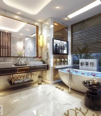 A lavish bathroom featuring marble walls, a floating dual vanity, and a bathtub with a view. The rendering uses warm lighting and elegant details to create a feeling of opulence.