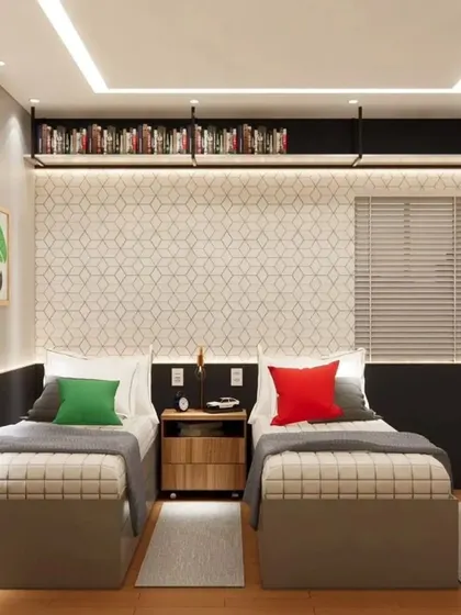 The twin beds with a shared nightstand, perfect for siblings.