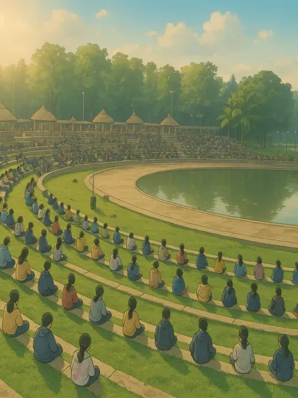 A Ghibli-style animation of a meditation session in our amphitheater. This artwork beautifully portrays the harmony of people meditating together in nature.