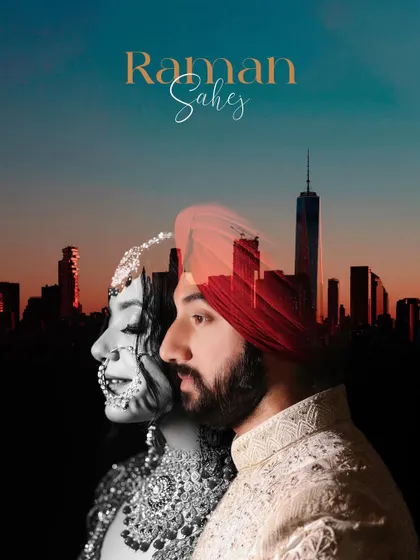 A creative double-exposure portrait blending the couple with a city skyline. This artistic shot represents their journey and their story, combining their traditional wedding look with a modern, urban feel.