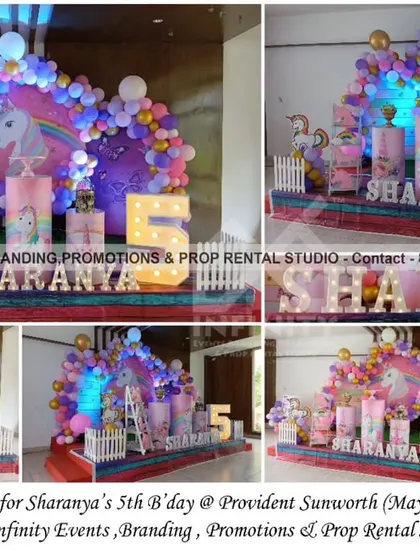 A magical unicorn theme for a 5th birthday at Provident Sunworth. The stage setup includes a circular backdrop, a pastel balloon garland, themed cylinder props, and a light-up number "5," creating a whimsical and enchanting party.