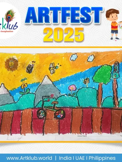 A colourful and imaginative landscape by a junior artist. The scene includes a bicycle, mountains, and buzzing bees under a bright yellow sun.